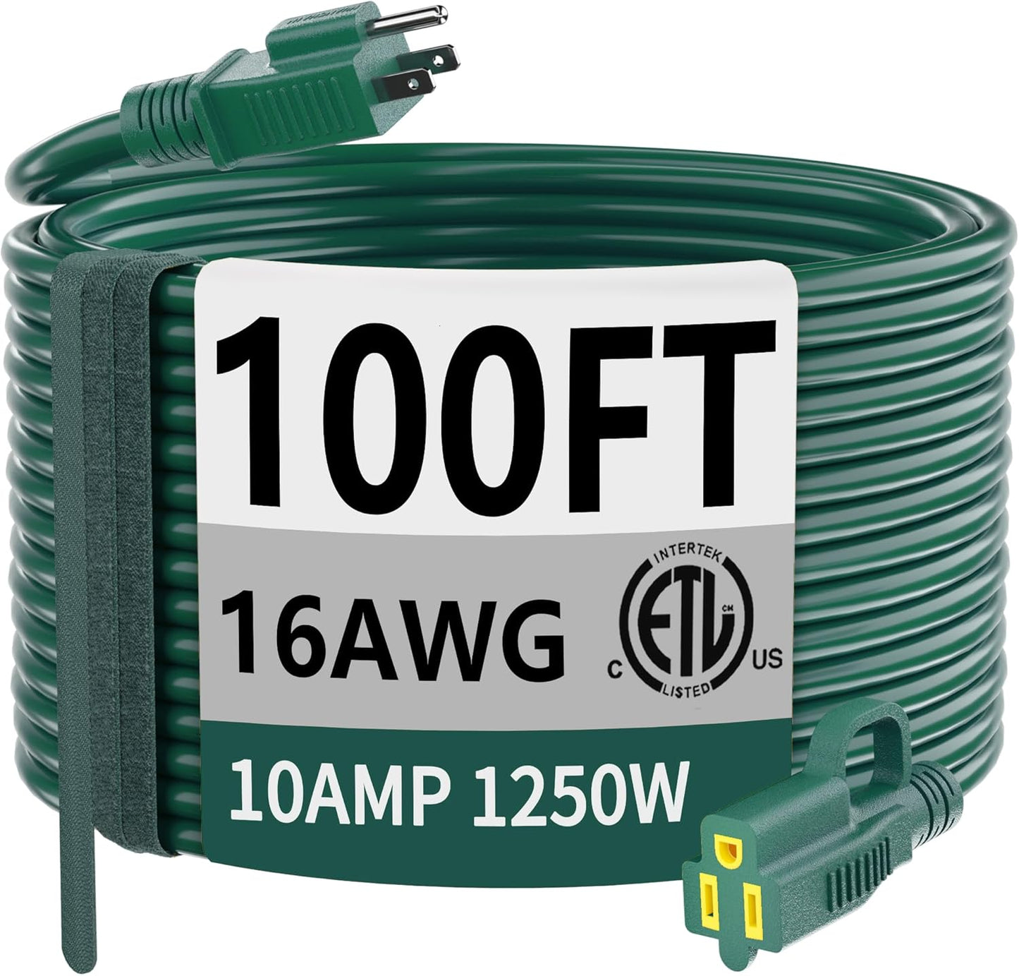 100Ft 3 Prong Heavy Duty Waterproof Outdoor Extension Cord, 16/3, 10A 1250W 16AWG Flexible Cold-Resistant Cord, Ideal for Outdoor Use, ETL Certified