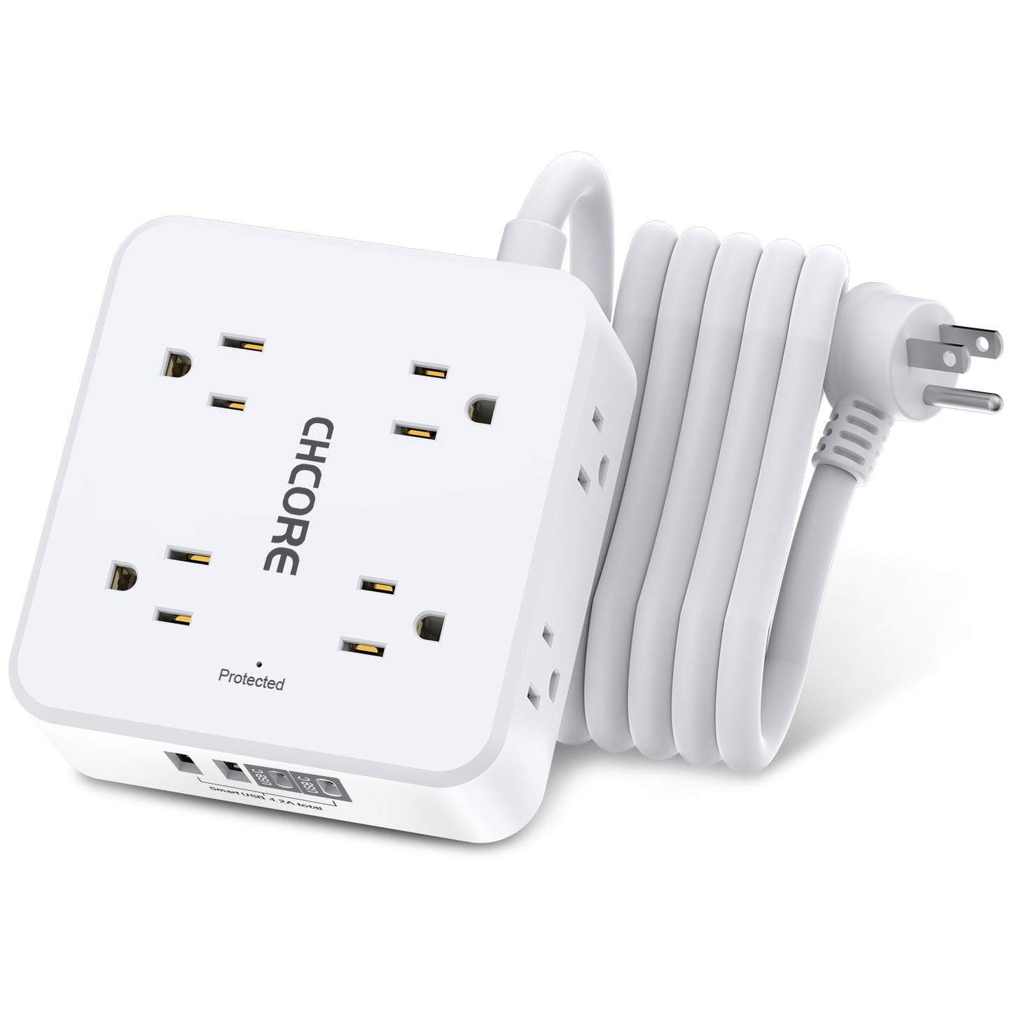 10Ft Surge Protector Power Strip - 8 AC Outlets & 4 USB Ports (2 USB C), 3-Sided Flat Plug Power Strip, ETL Certified, White