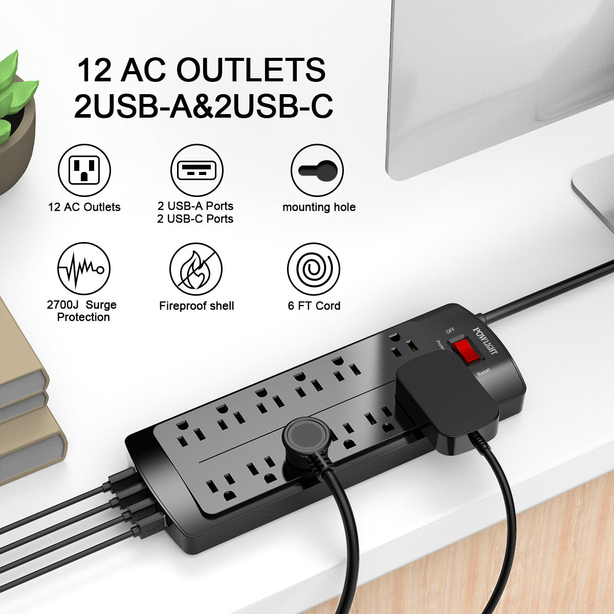 Surge Protector Power Strip with 12 AC Outlets, 4 USB Charging Ports (2 USB-C), 2700J Surge Protection, 6 Ft Extension Cord (1875W/15A) for Home and Office Use