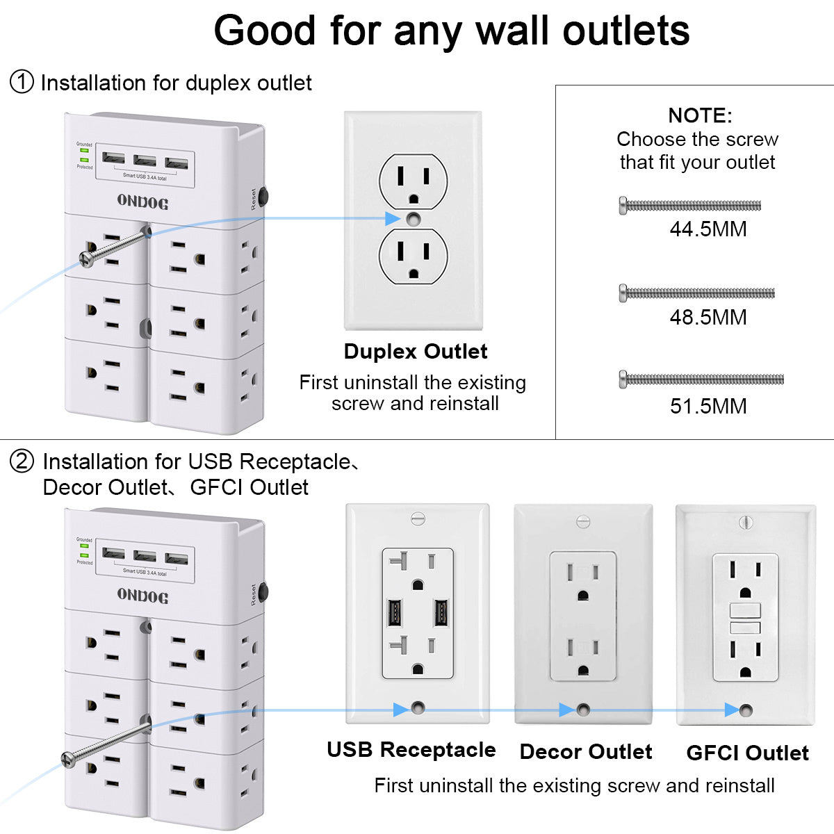 ONDOG Multi Plug Outlet, Outlet Splitter, Surge Protector Wall Mount with 12-Outlet Extender and 3 USB Ports(Smart 3.4A Total) for Home, Office, Dorm Essentials, Hotel, White, ETL Listed