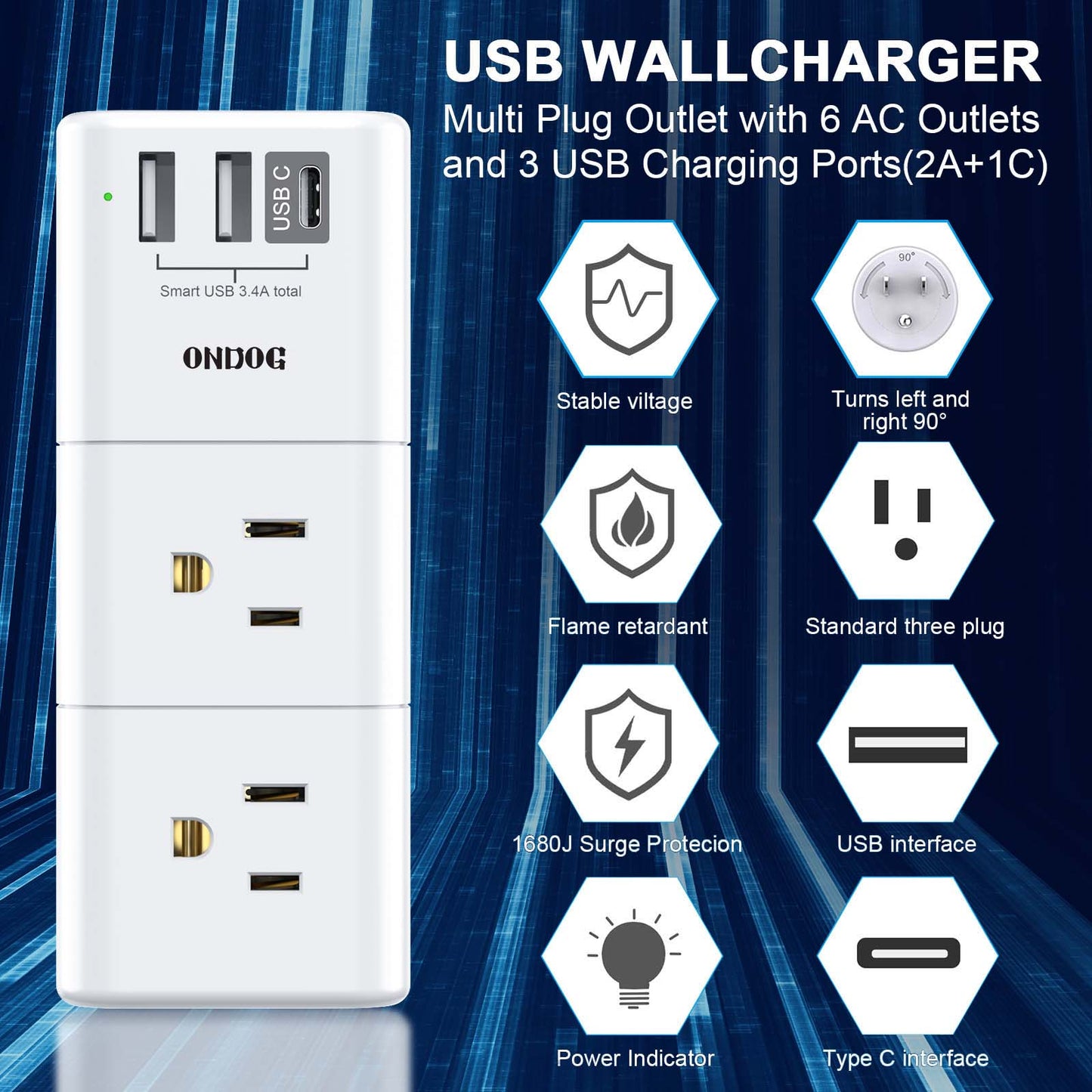 ONDOG USB Wall Outlet Expander Surge Protector, Multi Plug Outlet, Outlet Splitter with 3 USB(2U+1C), 6 Outlet Extender with Rotating Plug, 900 Joules.