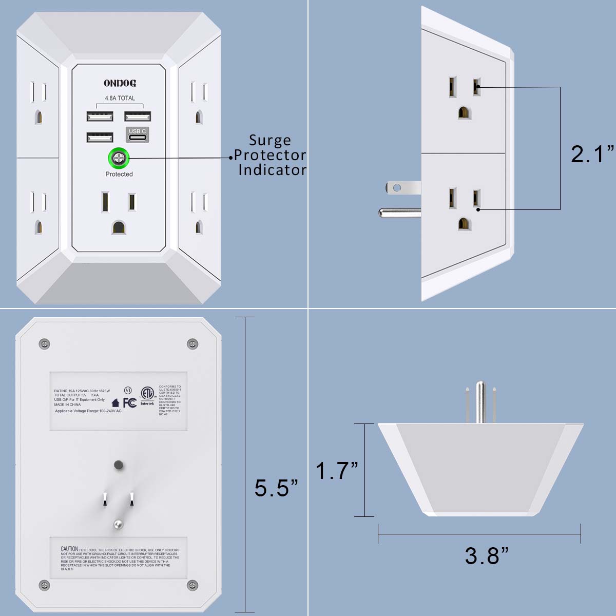 ONDOG Surge Protector, 5 Outlets Extender with 4 USB PortsUSB C, 3-Side 1800J