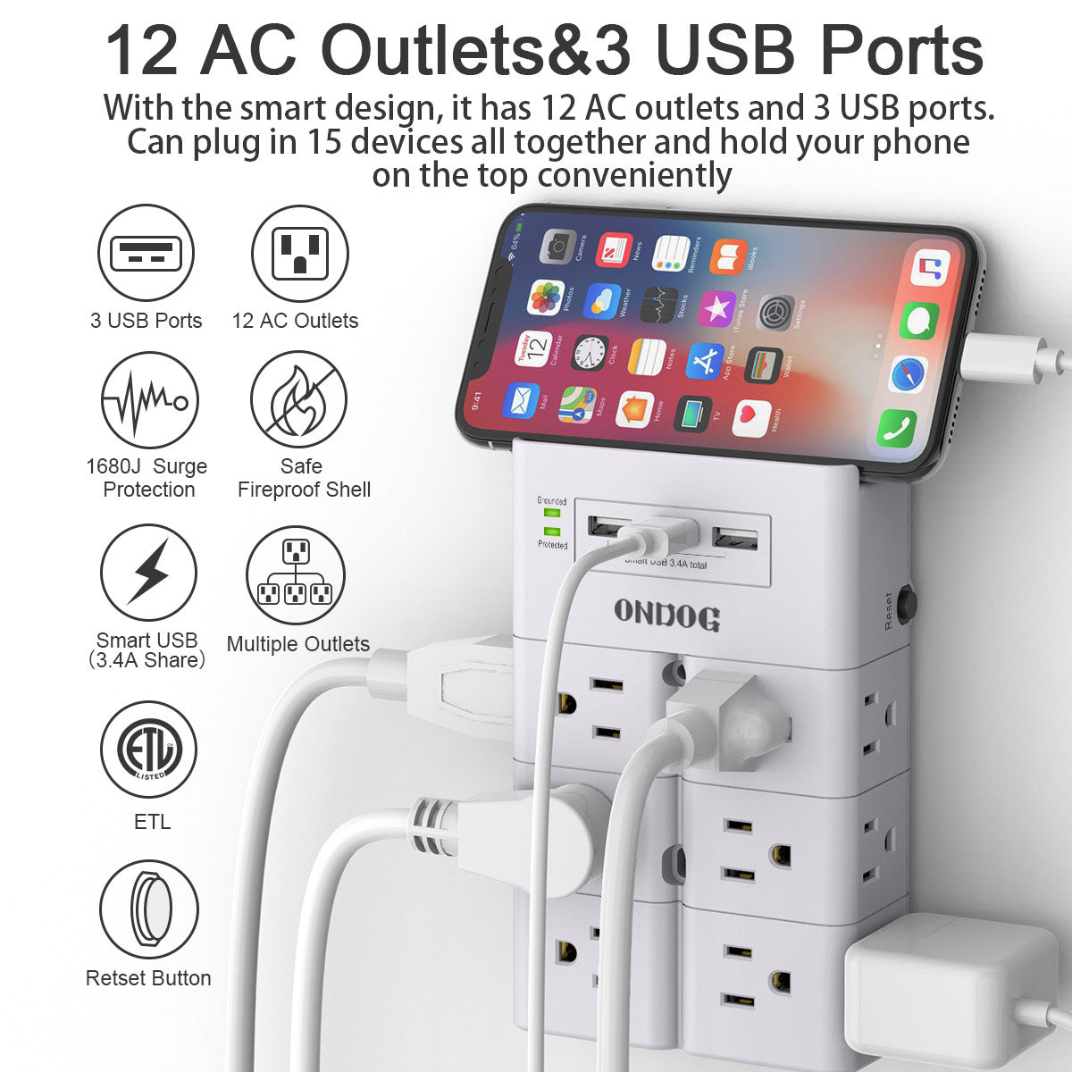 ONDOG Multi Plug Outlet, Outlet Splitter, Surge Protector Wall Mount with 12-Outlet Extender and 3 USB Ports(Smart 3.4A Total) for Home, Office, Dorm Essentials, Hotel, White, ETL Listed