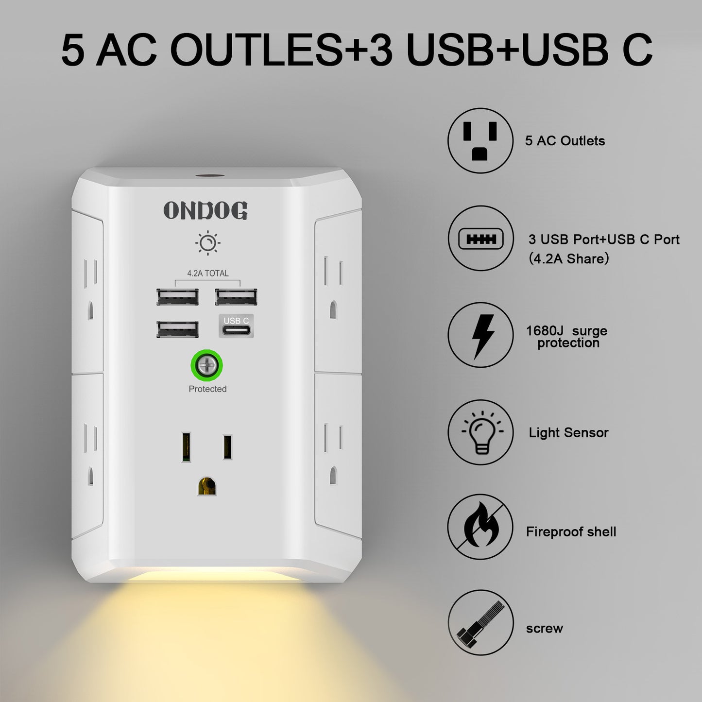 ONDOG Outlet Extender with Night Light, USB Wall Charger, 5-Outlet Surge Protector Power Strip with 4 USB Ports, 1680 Joules Multi Plug Outlet with Spaced Outlets for Home, Office, White