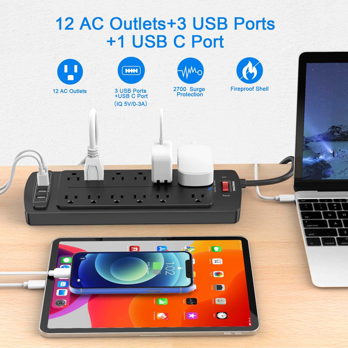 Power Strip, ONDOG Surge Protector with 12 Outlets and 4 USB Ports, 6 Feet Extension Cord (1875W/15A), 2700 Joules, ETL Listed, Black