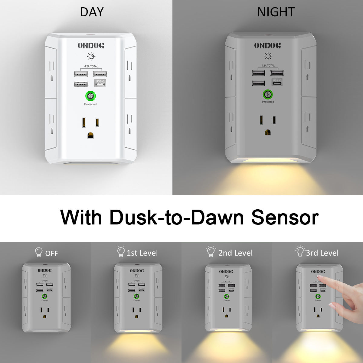 ONDOG Outlet Extender with Night Light, USB Wall Charger, 5-Outlet Surge Protector Power Strip with 4 USB Ports, 1680 Joules Multi Plug Outlet with Spaced Outlets for Home, Office, White