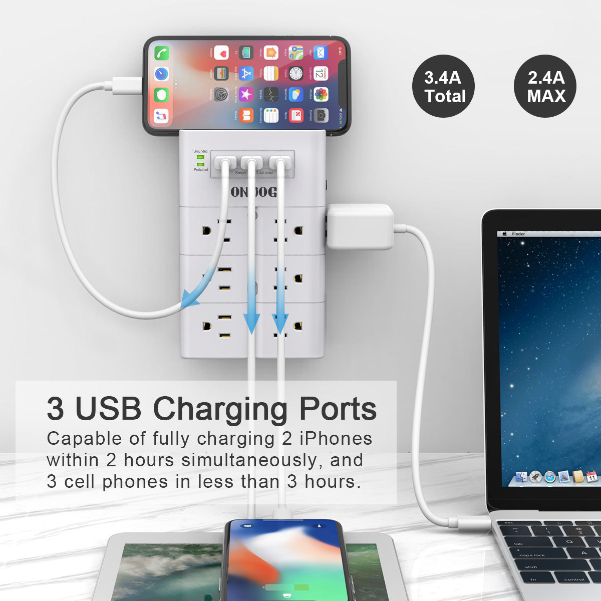 ONDOG Multi Plug Outlet, Outlet Splitter, Surge Protector Wall Mount with 12-Outlet Extender and 3 USB Ports(Smart 3.4A Total) for Home, Office, Dorm Essentials, Hotel, White, ETL Listed