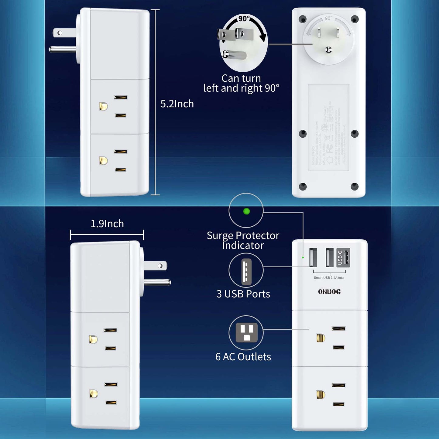 ONDOG USB Wall Outlet Expander Surge Protector, Multi Plug Outlet, Outlet Splitter with 3 USB(2U+1C), 6 Outlet Extender with Rotating Plug, 900 Joules.