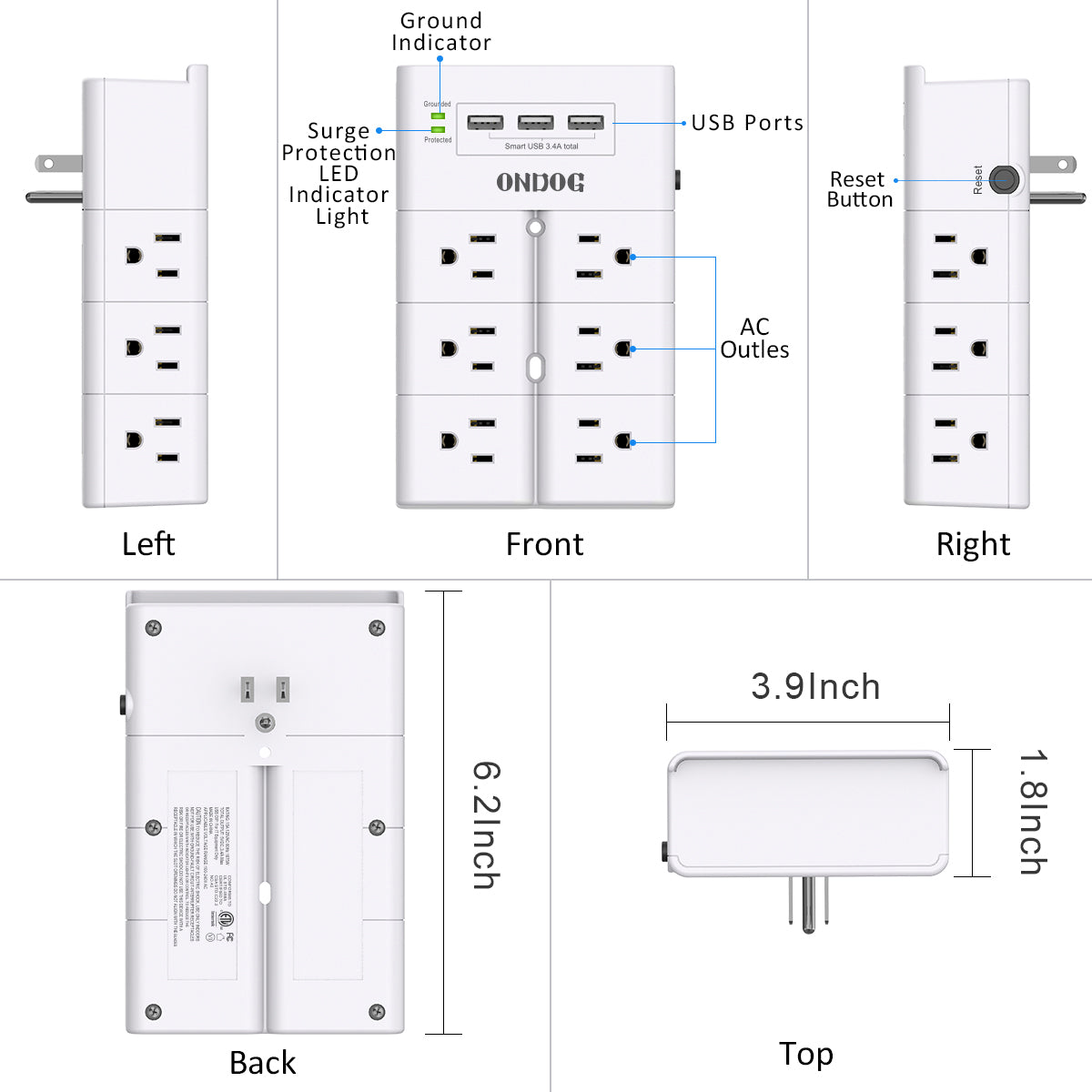 ONDOG Multi Plug Outlet, Outlet Splitter, Surge Protector Wall Mount with 12-Outlet Extender and 3 USB Ports(Smart 3.4A Total) for Home, Office, Dorm Essentials, Hotel, White, ETL Listed