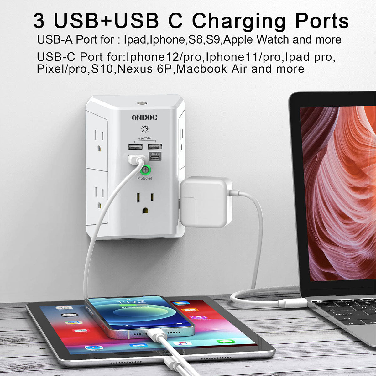 ONDOG Outlet Extender with Night Light, USB Wall Charger, 5-Outlet Surge Protector Power Strip with 4 USB Ports, 1680 Joules Multi Plug Outlet with Spaced Outlets for Home, Office, White