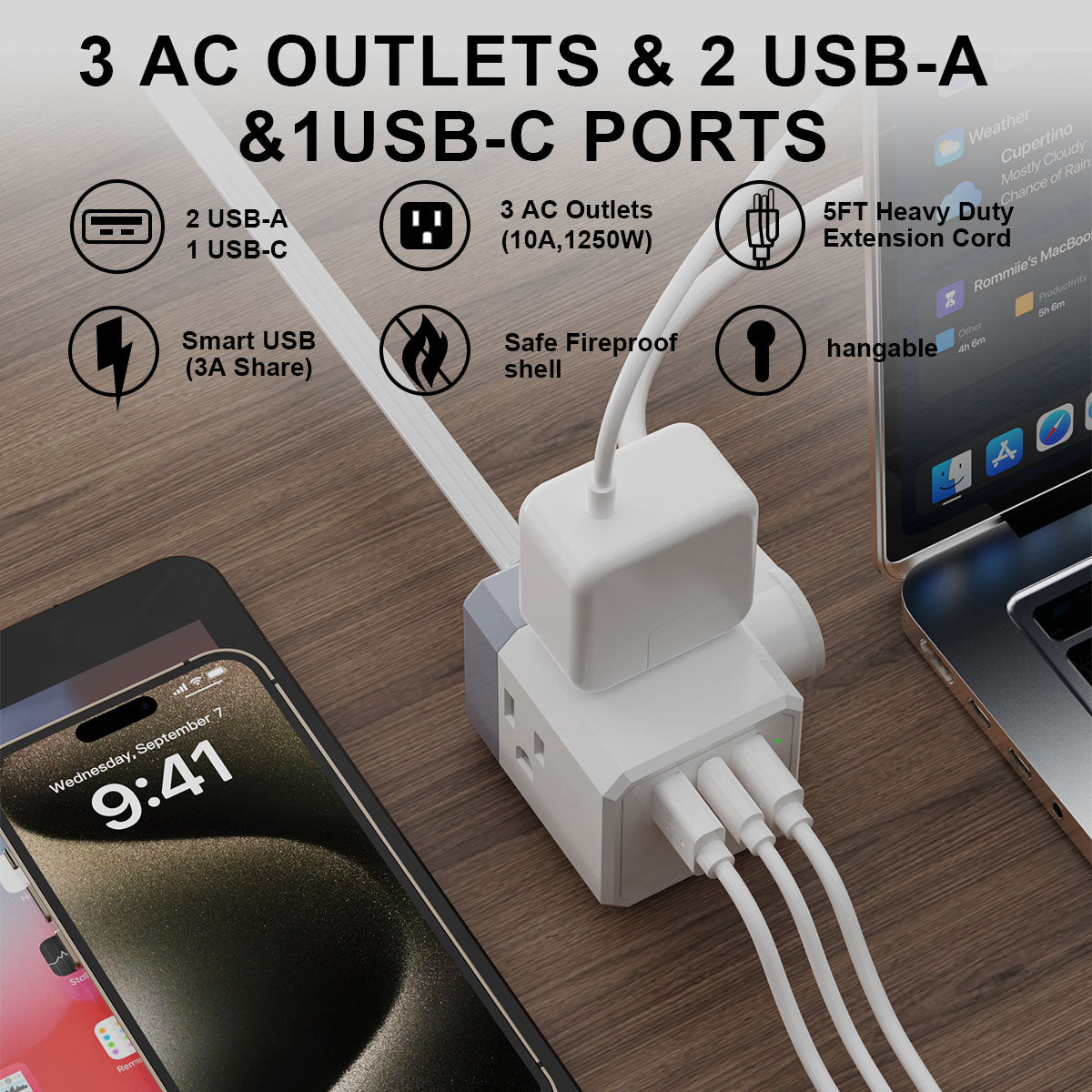 ONDOG 3-Side Outlet Adapter - 3 USB (1 USB C) Outlets for Wall Charger, 5FT Outlet Extender for Home, Office and Cruise Ship Essentials, ETL