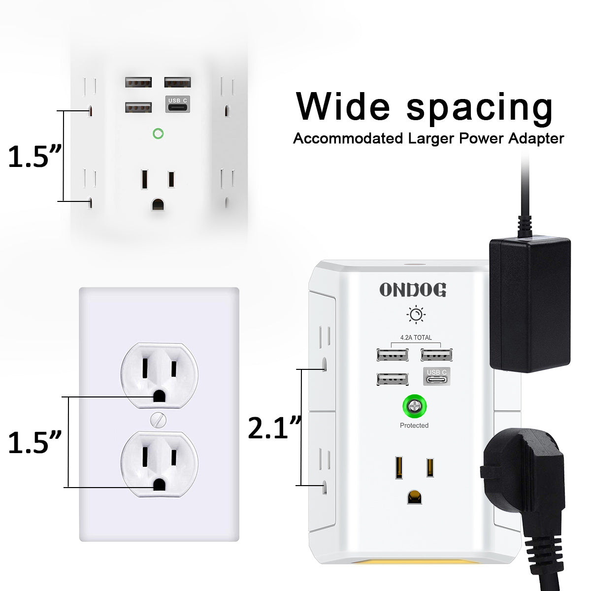 ONDOG Outlet Extender with Night Light, USB Wall Charger, 5-Outlet Surge Protector Power Strip with 4 USB Ports, 1680 Joules Multi Plug Outlet with Spaced Outlets for Home, Office, White