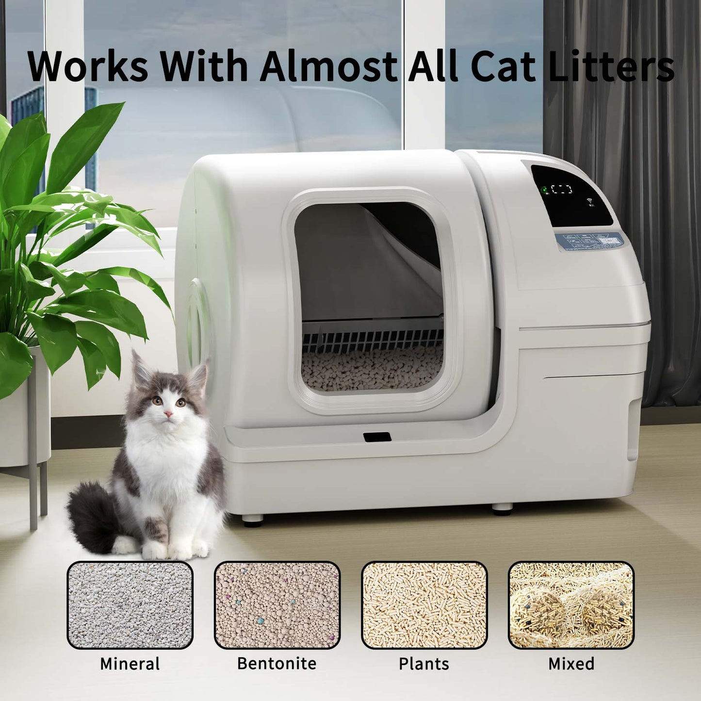 100L Extra Large Self Cleaning Litter Box - APP Control Auto Deodorising Smart Safe & Secure Automatic Cat Litter Box, White