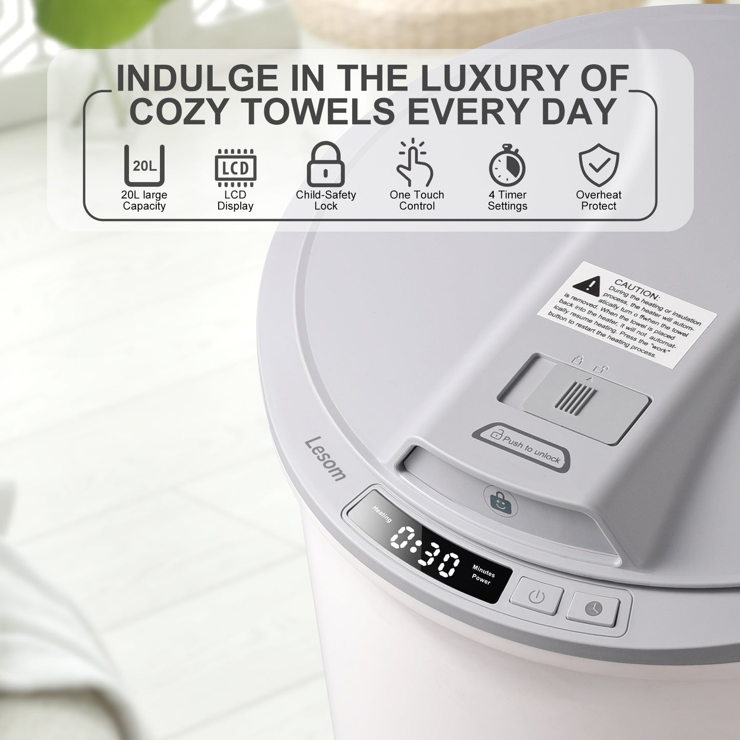 Large Towel Warmer Bucket with Flip Lid, One-Touch LED Display, and Child Safety Lock, Fast Heating Towel Heater for Bathroom, Spa, and Home Use
