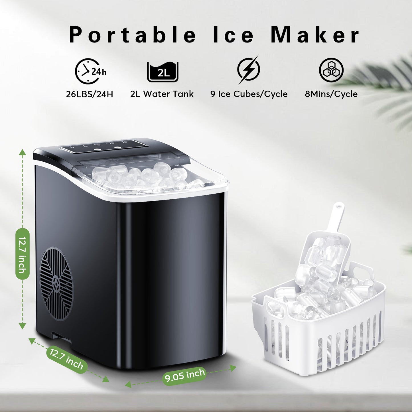 Portable Countertop Ice Maker Machine - Self-Cleaning Ice Makers with Ice Scoop and Basket, 26 lbs/Day, for Home/Kitchen/Bar/Office/Camping (Black)
