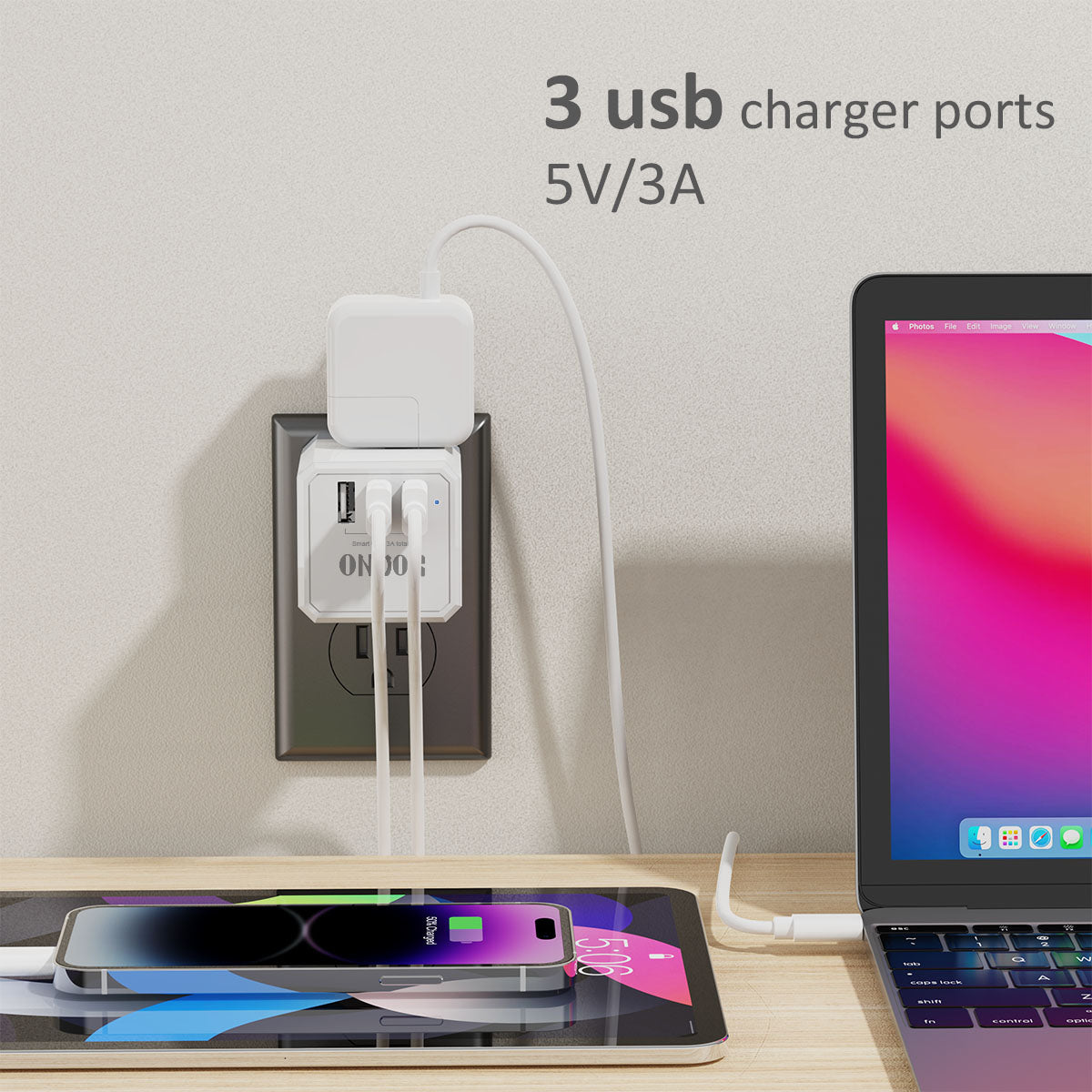 3-Outlet USB Wall Plug Adapter - 3 USB Ports, Splitter for Home, Office, and Cruise Use Essential, ETL Listed