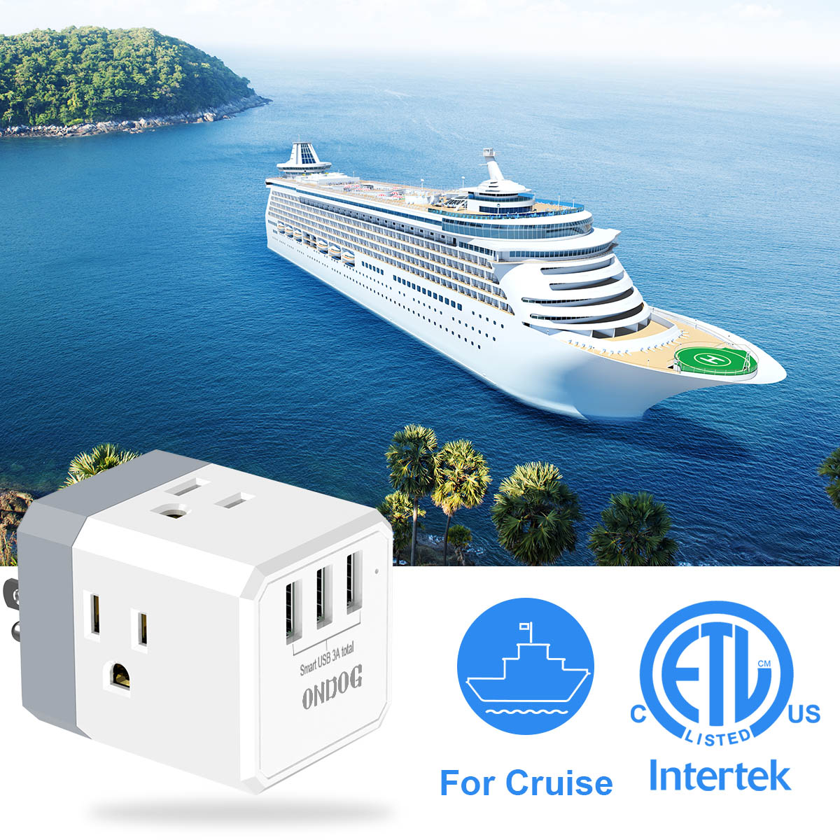 3-Outlet USB Wall Plug Adapter - 3 USB Ports, Splitter for Home, Office, and Cruise Use Essential, ETL Listed