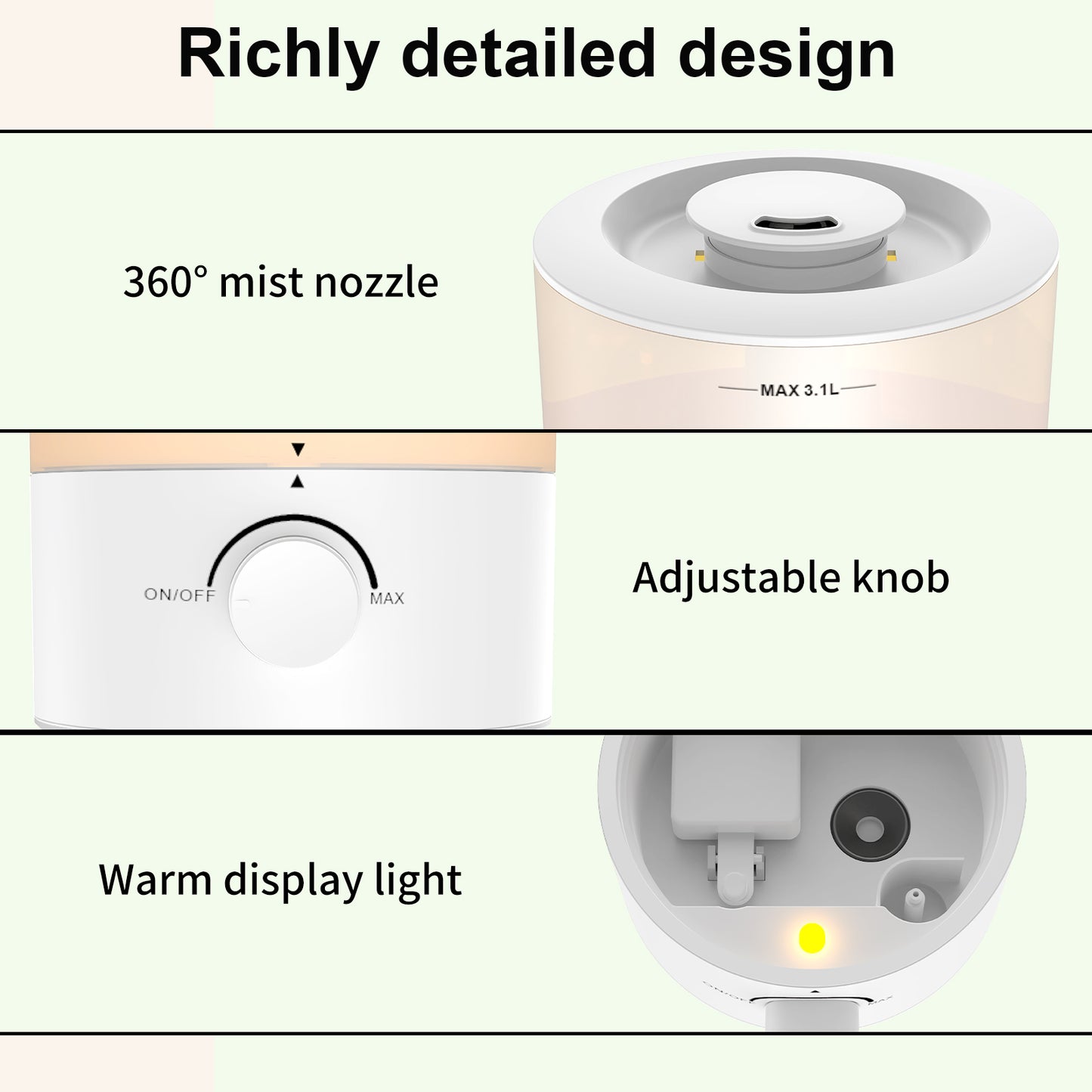 Humidifiers for Bedroom, Cool Mist Top Fill Essential Oil Diffuser with 25Watt for Home Large Room, 360° Nozzle, Rapid Ultrasonic Humidification for Baby Nursery and Plant(3.1L)