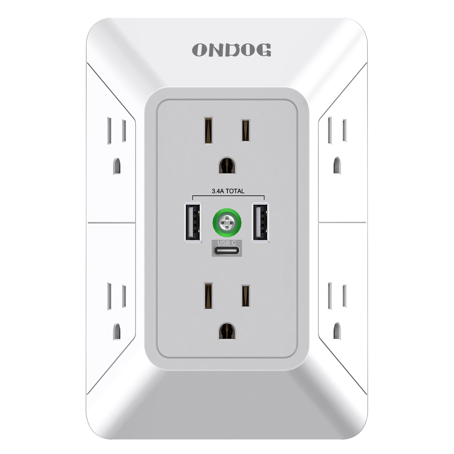 Multi Plug Wall Outlet - 6 AC sockets and 3 USB ports (1 USB C), 3-side Surge Protector Outlets, ETL certified, White