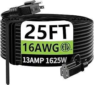 25ft Outdoor Waterproof Extension Cord, Flexible 16AWG/3 Extension Cord, 3 Core Heavy Duty Cord for Lawns, Garages, ETL Certified