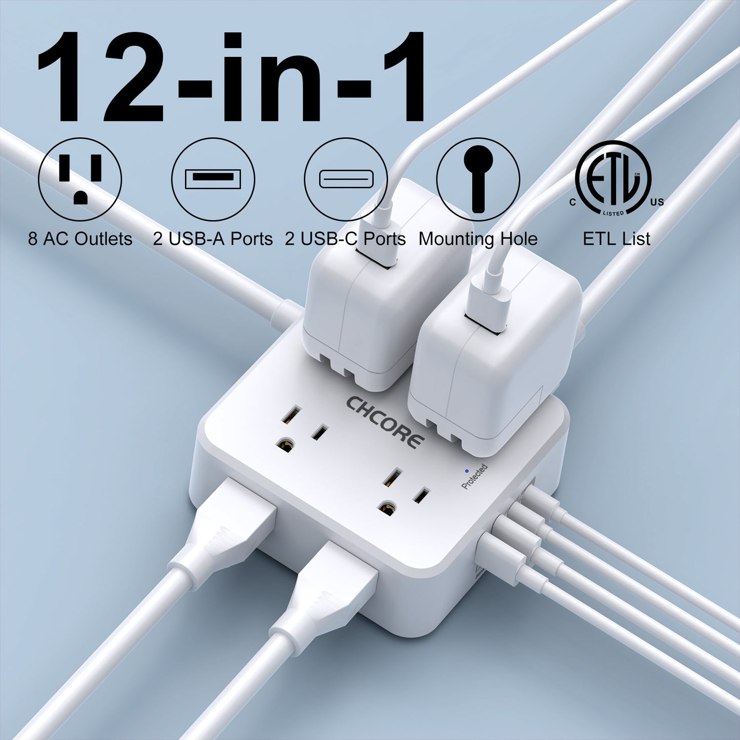 10Ft Surge Protector Power Strip - 8 AC Outlets & 4 USB Ports (2 USB C), 3-Sided Flat Plug Power Strip, ETL Certified, White