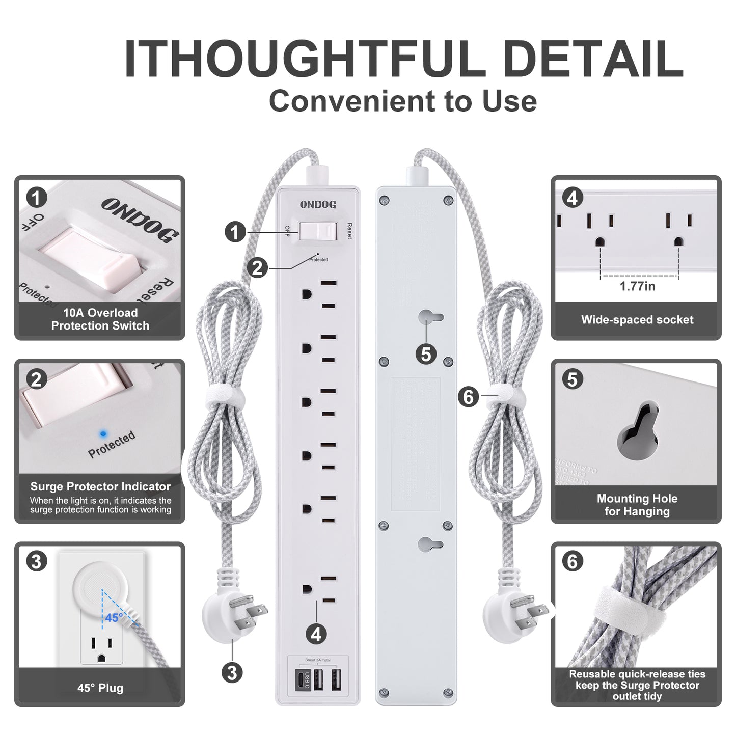 Surge Protector Power Strip - 6 Outlets and 3 USB Charging Ports (1 USB-C), 6 Ft Braided Extension Cord for Home, Office, White