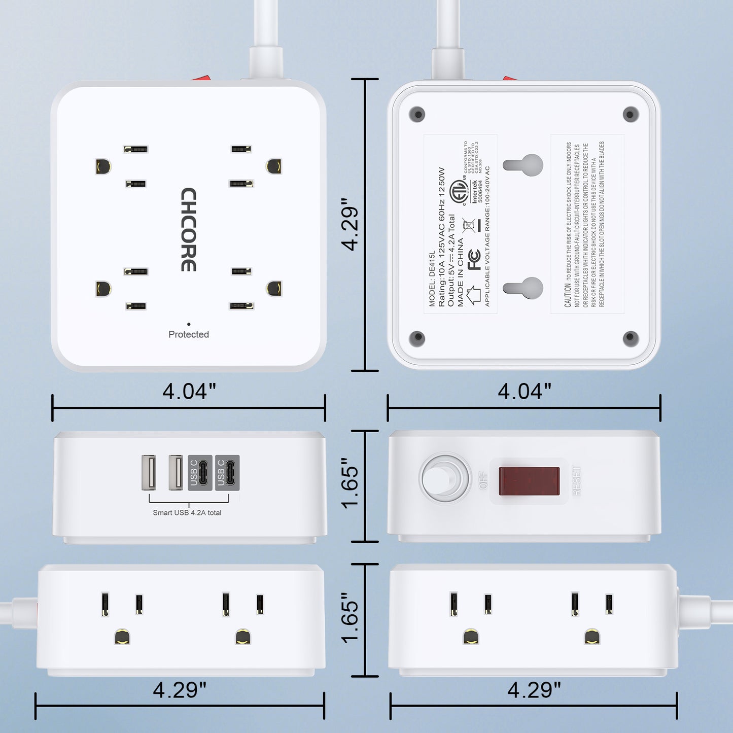 10Ft Surge Protector Power Strip - 8 AC Outlets & 4 USB Ports (2 USB C), 3-Sided Flat Plug Power Strip, ETL Certified, White