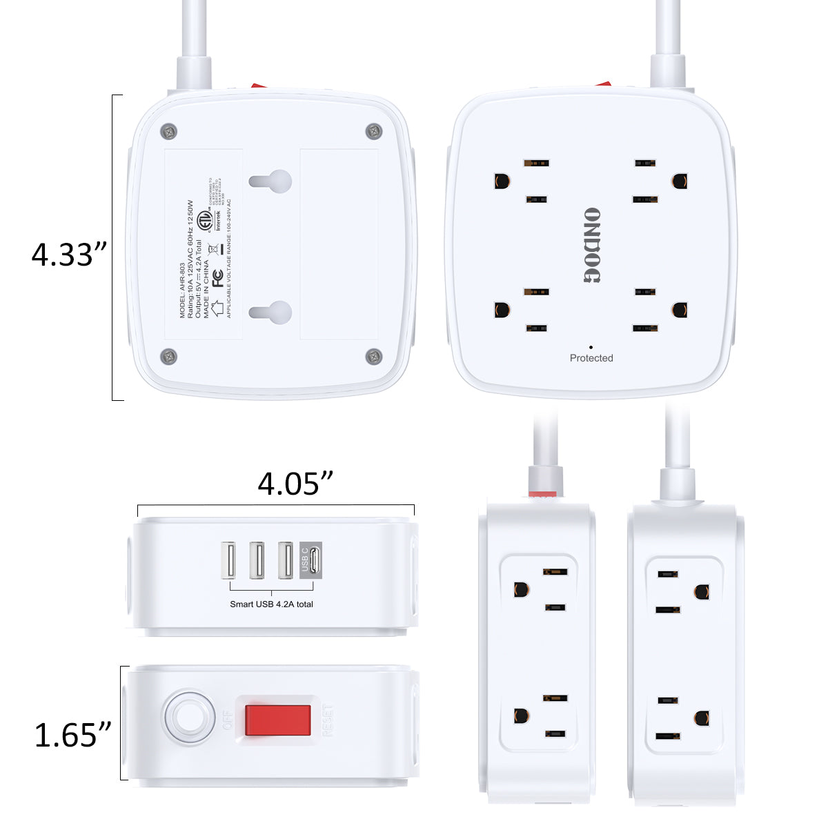 USB Power Bar Extension Cord - ONDOG 6Ft Surge Protector Power Strip with 8 Outlets and 4 USB Ports(3U1C), 3 Side Outlet Extender for Home, Office, Dorm Essentials, ETL Listed, White