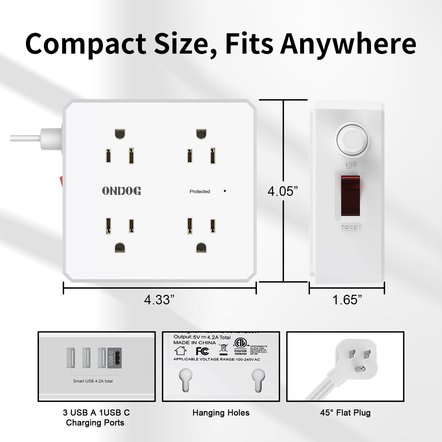 6ft Flat Surge Protector Power Strip - 8 Outlets and 4 USB Ports (1 USB C), Flat Plug Power Strip for Home Office, ETL, White