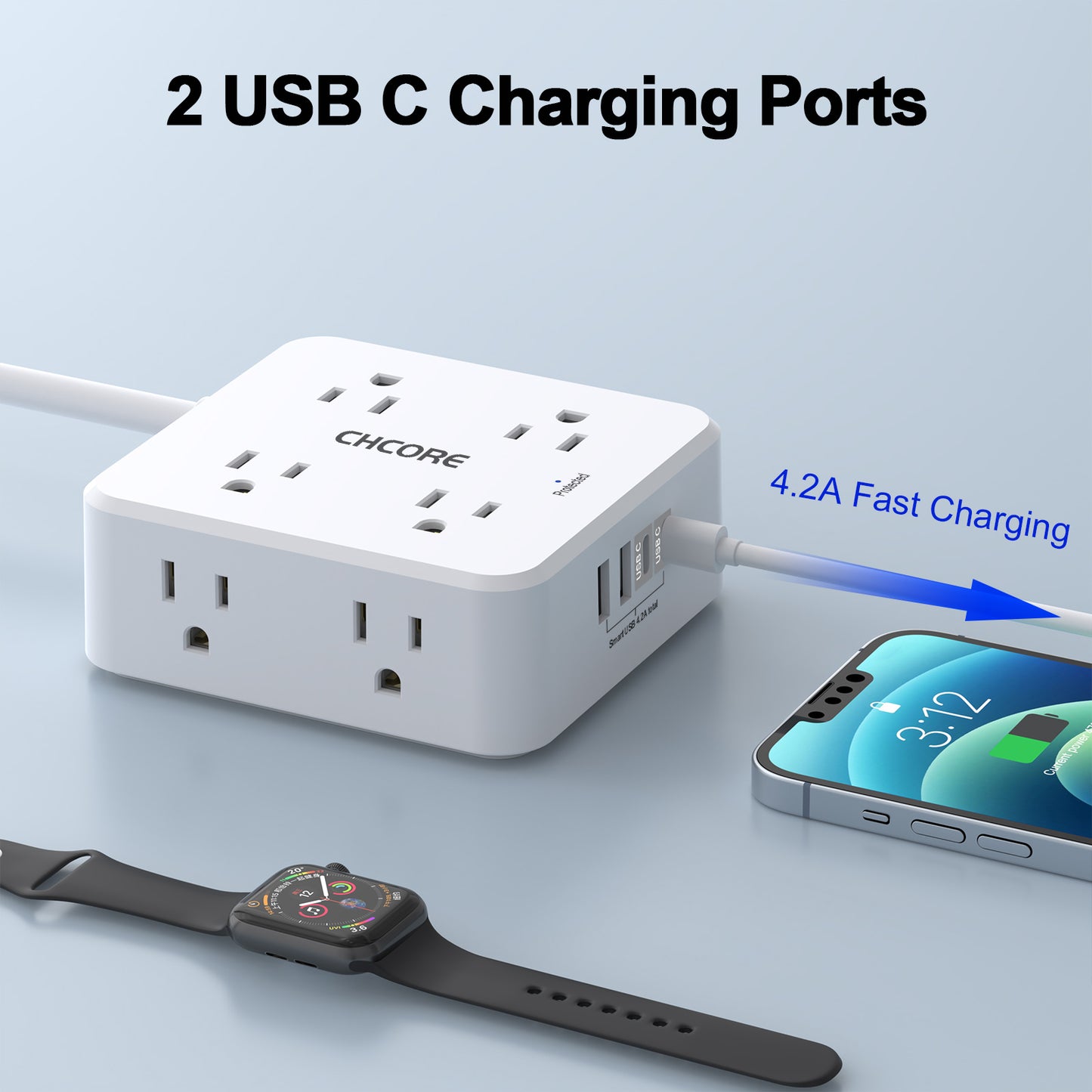 10Ft Surge Protector Power Strip - 8 AC Outlets & 4 USB Ports (2 USB C), 3-Sided Flat Plug Power Strip, ETL Certified, White