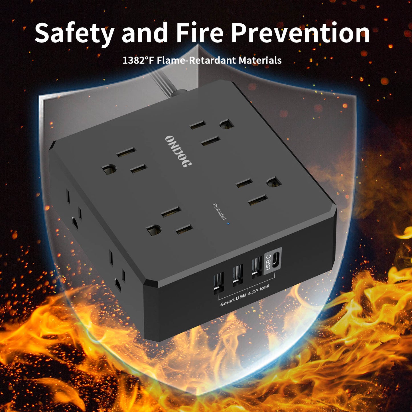 Ultra-Thin 6Ft Flat Plug Power Strip, 8 AC Outlets and 4 USB Ports (1 USB C), for Dorm & Office, Black