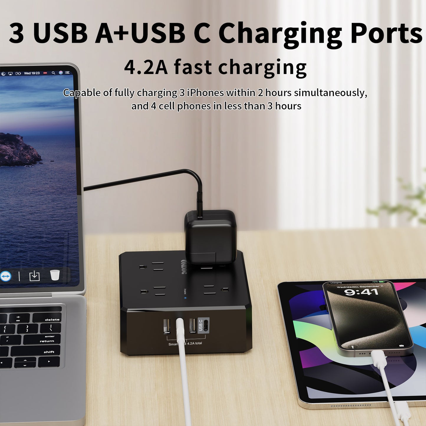 Ultra-Thin 6Ft Flat Plug Power Strip, 8 AC Outlets and 4 USB Ports (1 USB C), for Dorm & Office, Black