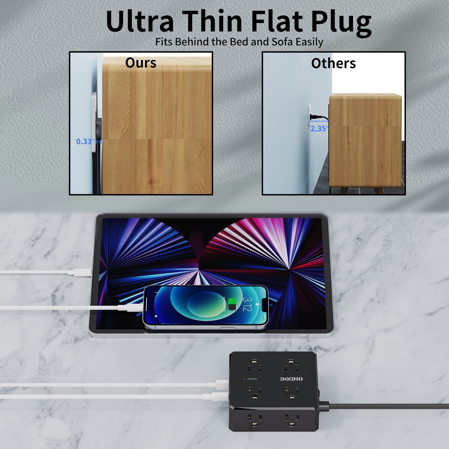 Ultra-Thin 6Ft Flat Plug Power Strip, 8 AC Outlets and 4 USB Ports (1 USB C), for Dorm & Office, Black