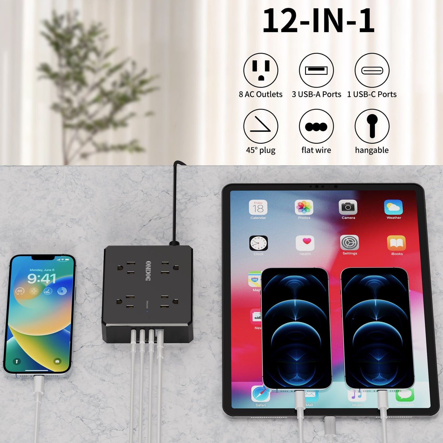 Ultra-Thin 6Ft Flat Plug Power Strip, 8 AC Outlets and 4 USB Ports (1 USB C), for Dorm & Office, Black