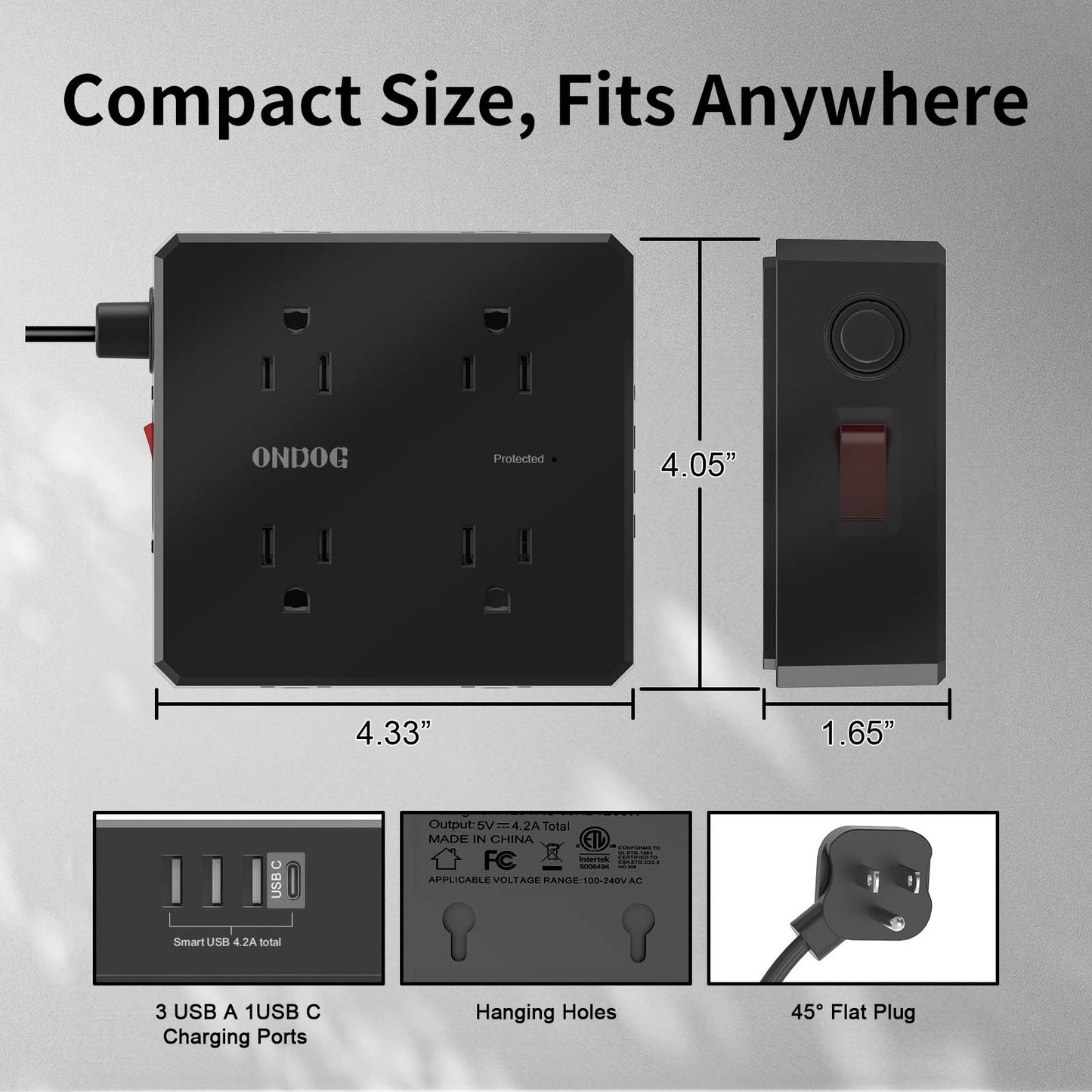 Ultra-Thin 6Ft Flat Plug Power Strip, 8 AC Outlets and 4 USB Ports (1 USB C), for Dorm & Office, Black
