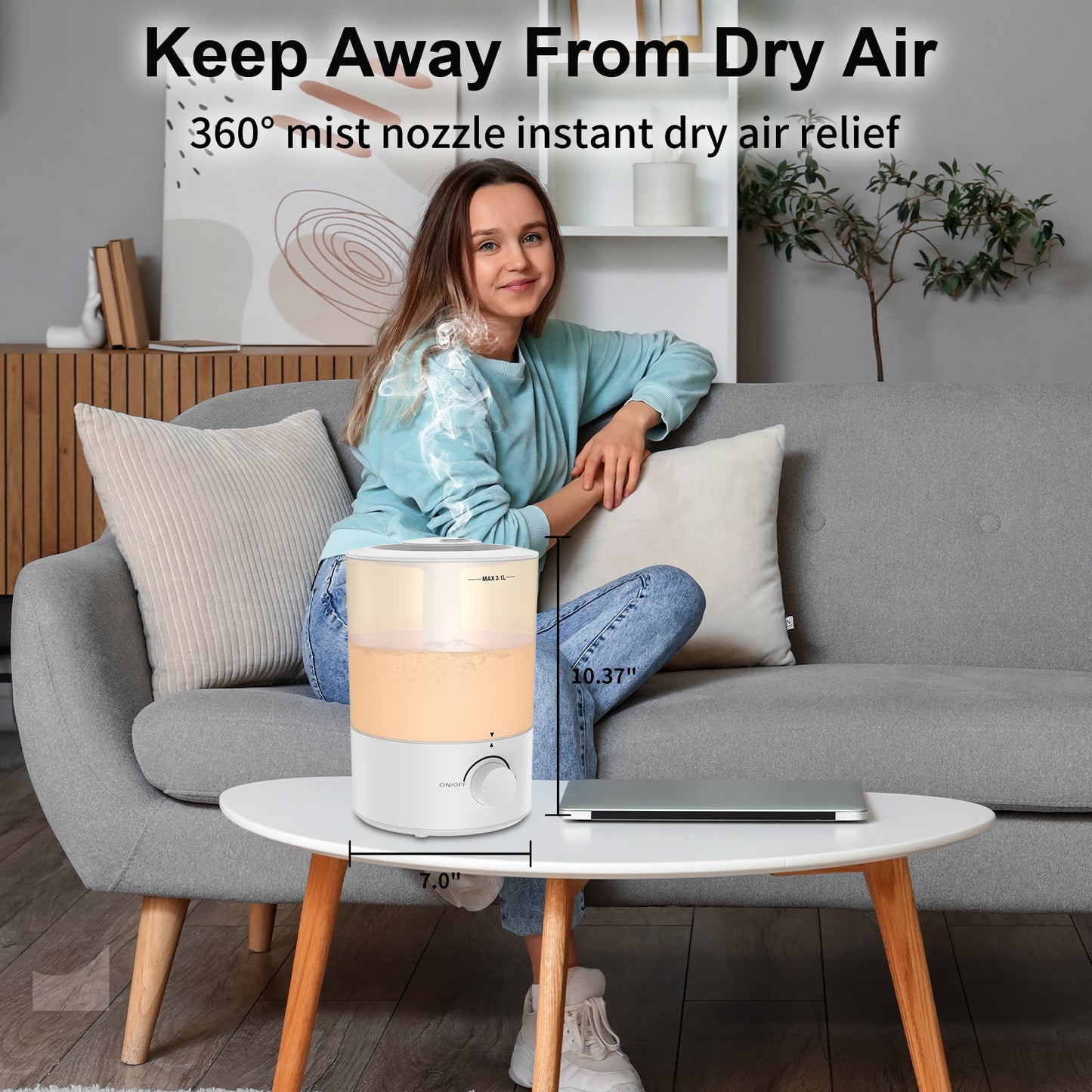 Humidifiers for Bedroom, Cool Mist Top Fill Essential Oil Diffuser with 25Watt for Home Large Room, 360° Nozzle, Rapid Ultrasonic Humidification for Baby Nursery and Plant(3.1L)