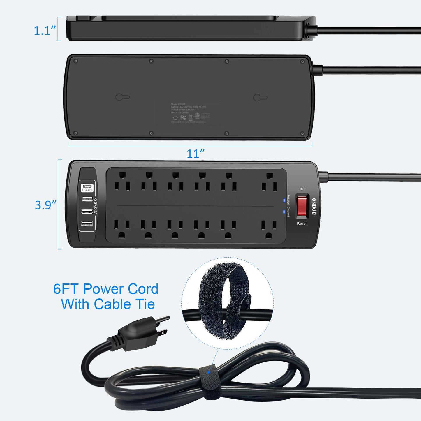 Power Strip, ONDOG Surge Protector with 12 Outlets and 4 USB Ports, 6 Feet Extension Cord (1875W/15A), 2700 Joules, ETL Listed, Black