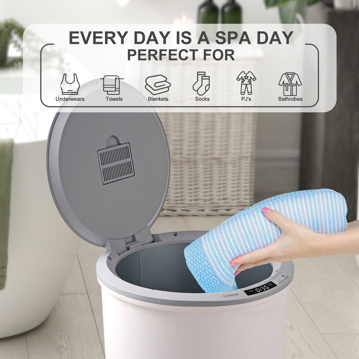 Large Towel Warmer Bucket with Flip Lid, One-Touch LED Display, and Child Safety Lock, Fast Heating Towel Heater for Bathroom, Spa, and Home Use
