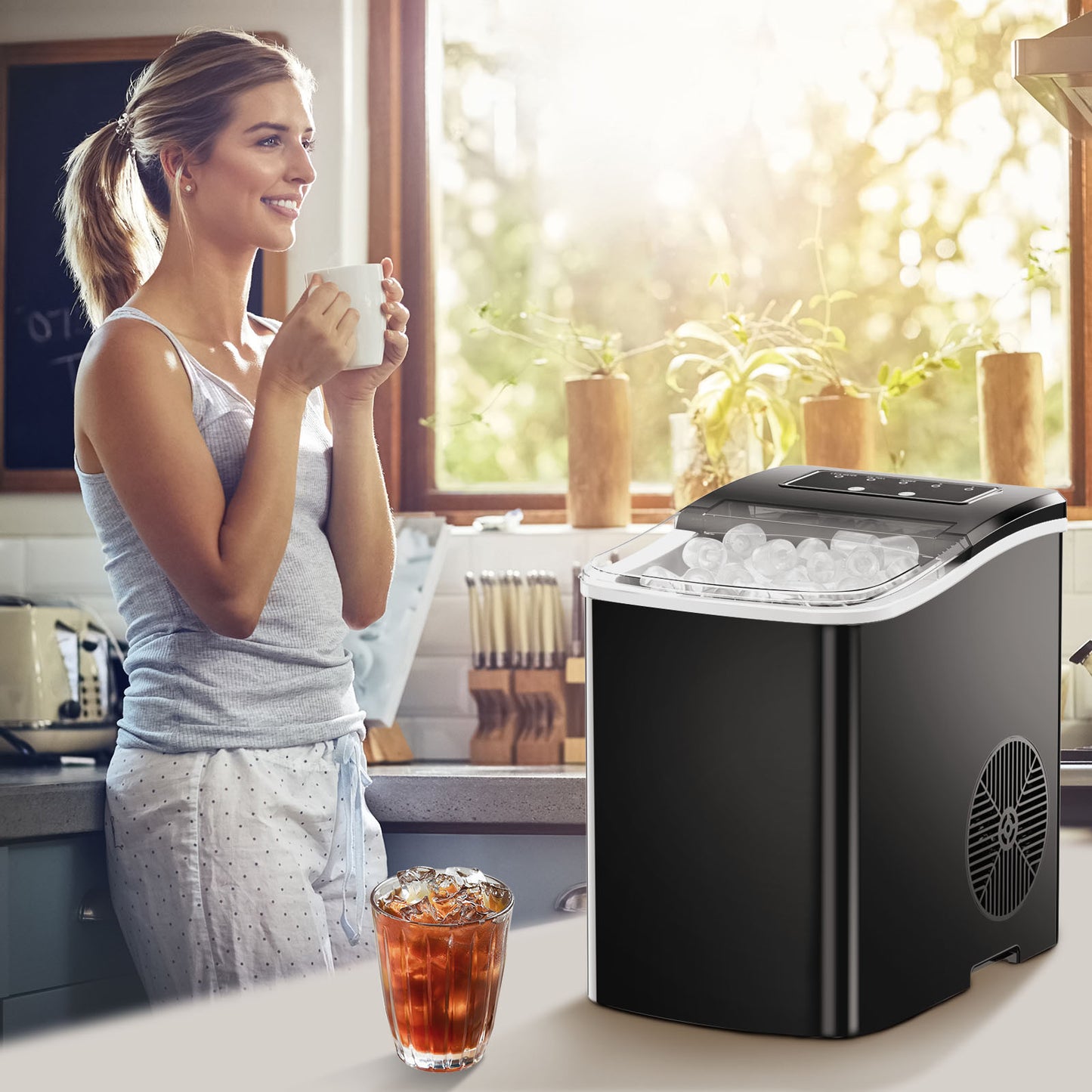 Portable Countertop Ice Maker Machine - Self-Cleaning Ice Makers with Ice Scoop and Basket, 26 lbs/Day, for Home/Kitchen/Bar/Office/Camping (Black)