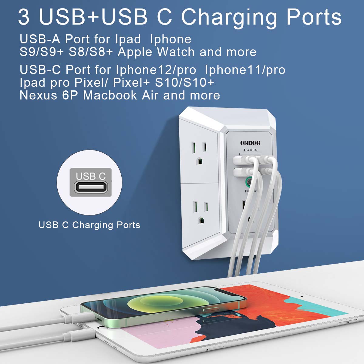 ONDOG Surge Protector, 5 Outlets Extender with 4 USB PortsUSB C, 3-Side 1800J