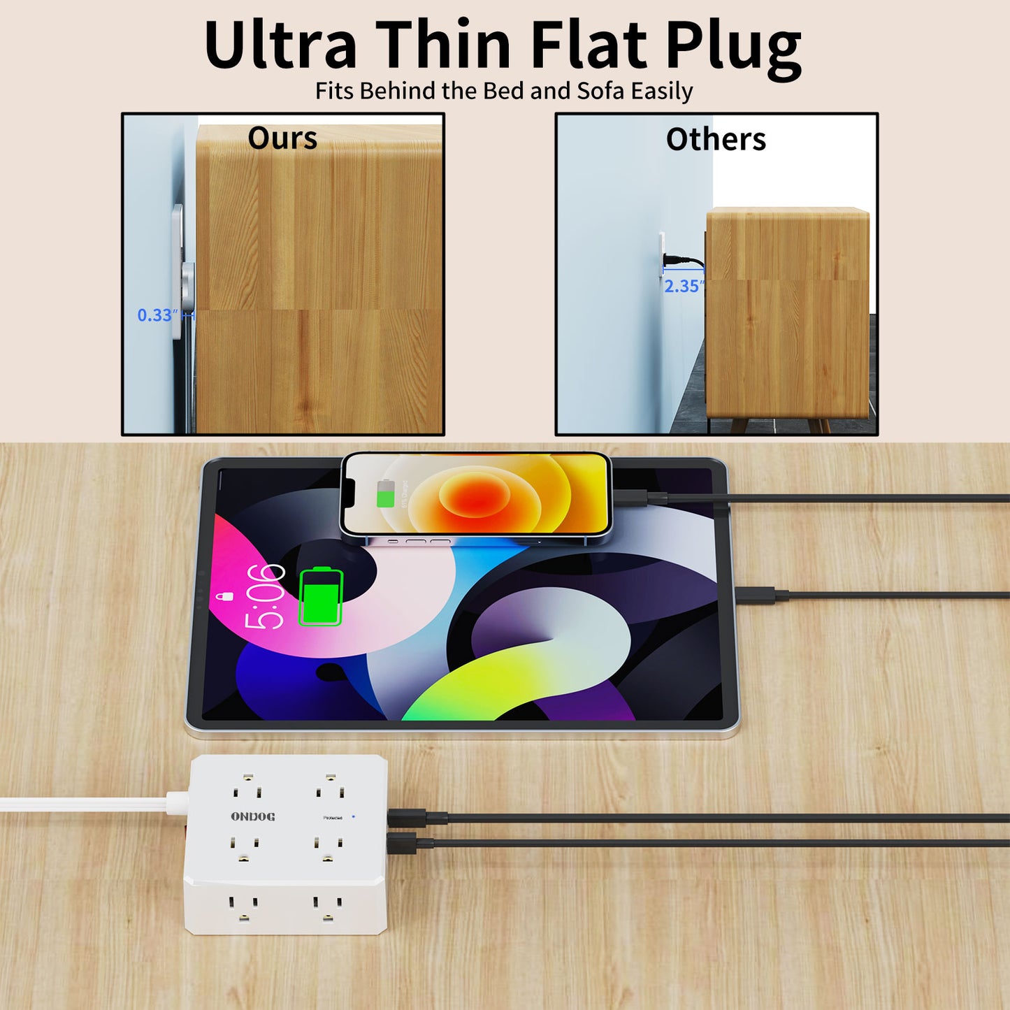 6ft Flat Surge Protector Power Strip - 8 Outlets and 4 USB Ports (1 USB C), Flat Plug Power Strip for Home Office, ETL, White