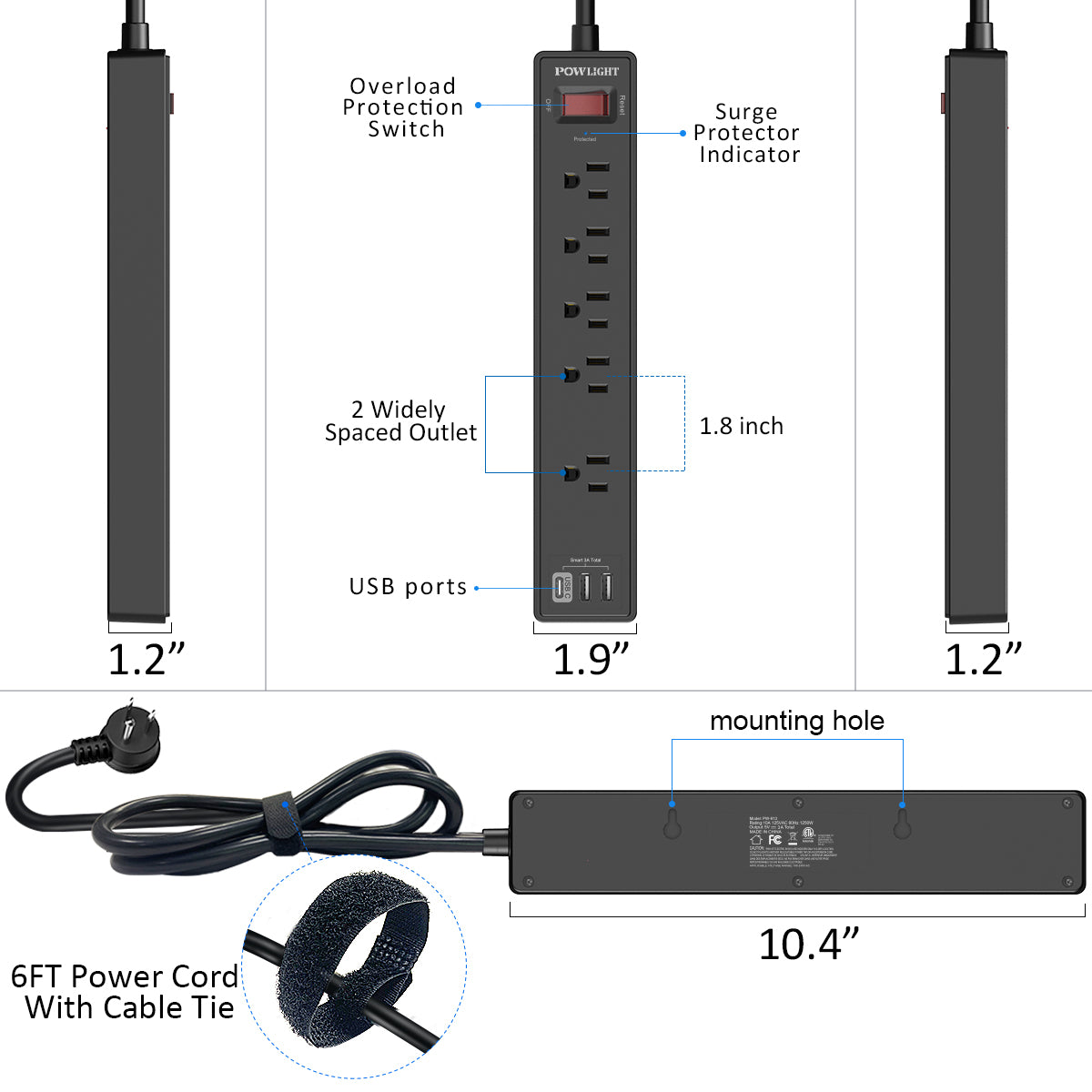 Surge Protector Power Strip with 5 AC Outlets and 3 USB Ports (1 USB-C), 1680J Surge Protection, Compact Design for Home and Office Use