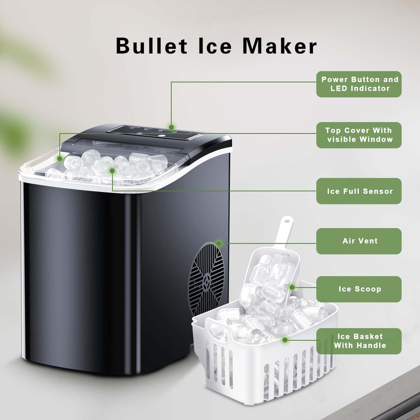 Portable Countertop Ice Maker Machine - Self-Cleaning Ice Makers with Ice Scoop and Basket, 26 lbs/Day, for Home/Kitchen/Bar/Office/Camping (Black)