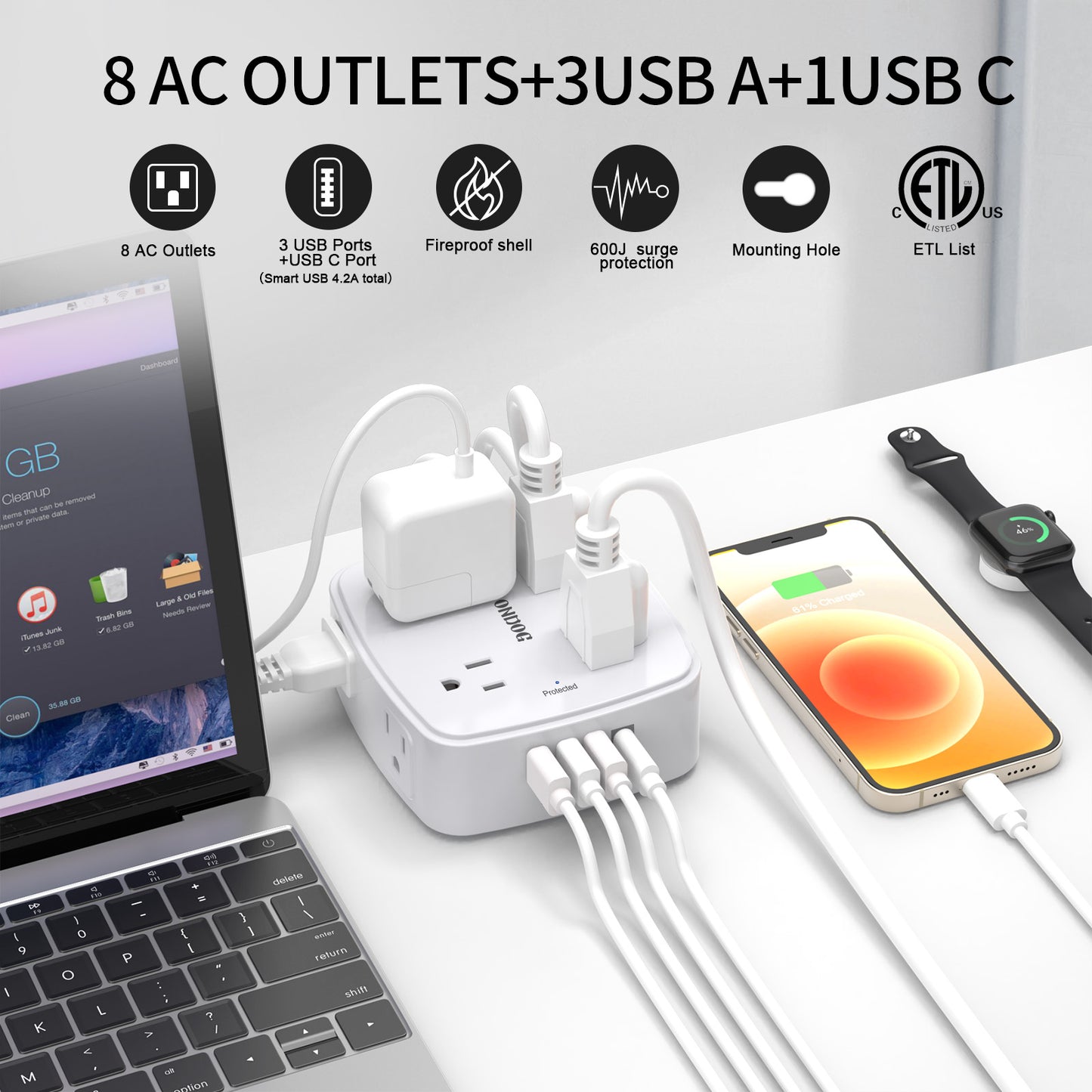 USB Power Bar Extension Cord - ONDOG 6Ft Surge Protector Power Strip with 8 Outlets and 4 USB Ports(3U1C), 3 Side Outlet Extender for Home, Office, Dorm Essentials, ETL Listed, White
