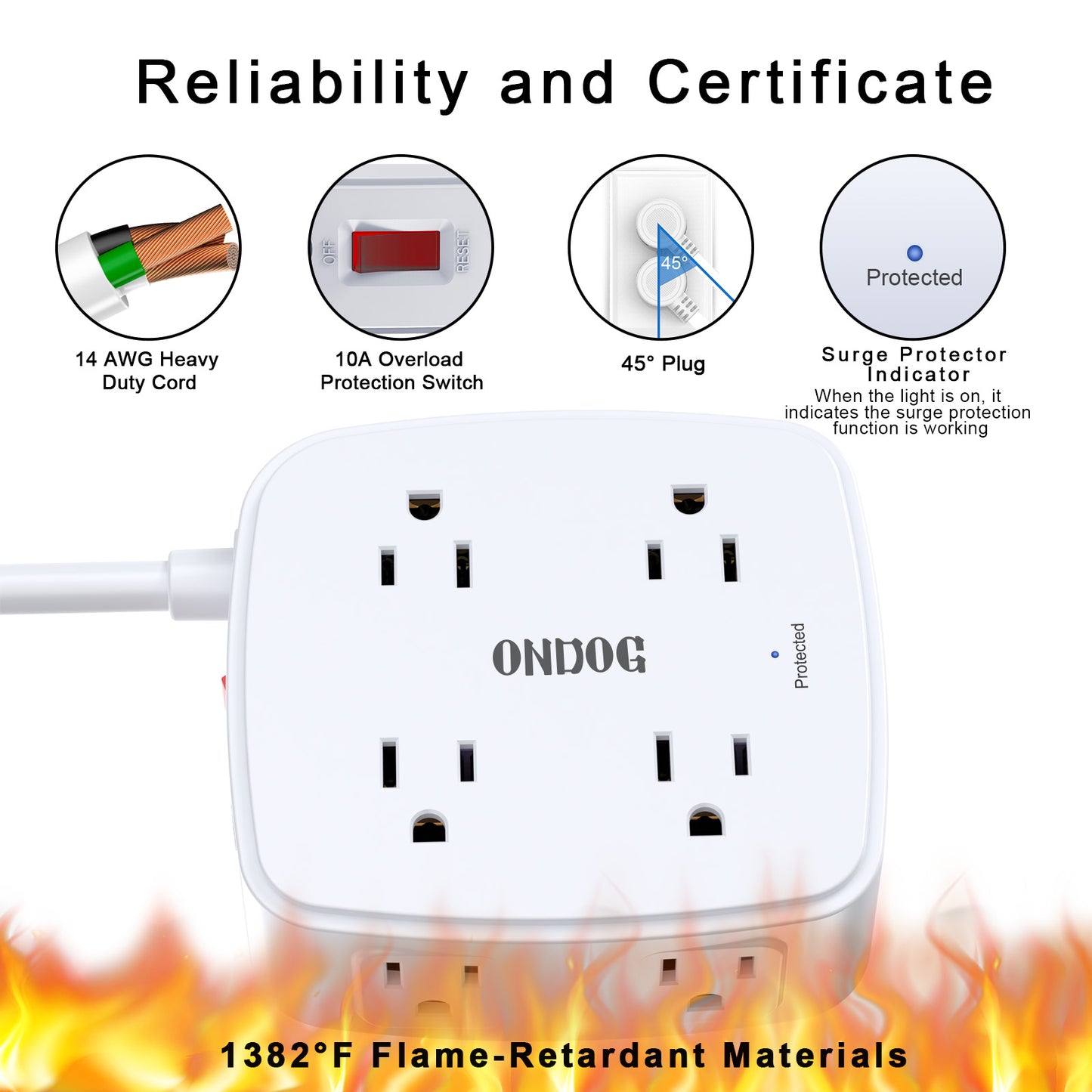 USB Power Bar Extension Cord - ONDOG 6Ft Surge Protector Power Strip with 8 Outlets and 4 USB Ports(3U1C), 3 Side Outlet Extender for Home, Office, Dorm Essentials, ETL Listed, White