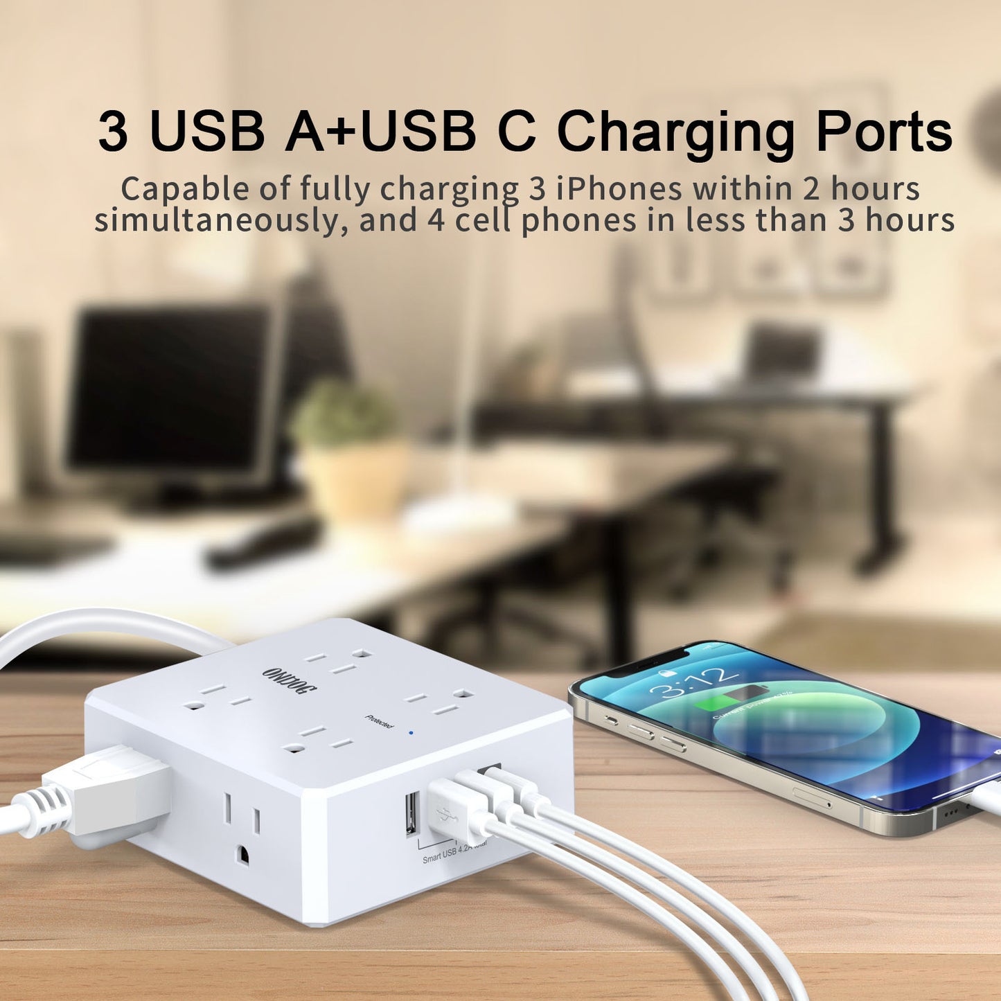 6 Ft Extension Cord Power Strip, ONDOG 3 Side 8 Widely Surge Protector Outlets with 4 USB Ports,Flat Plug,Wall Mount,ETL,White