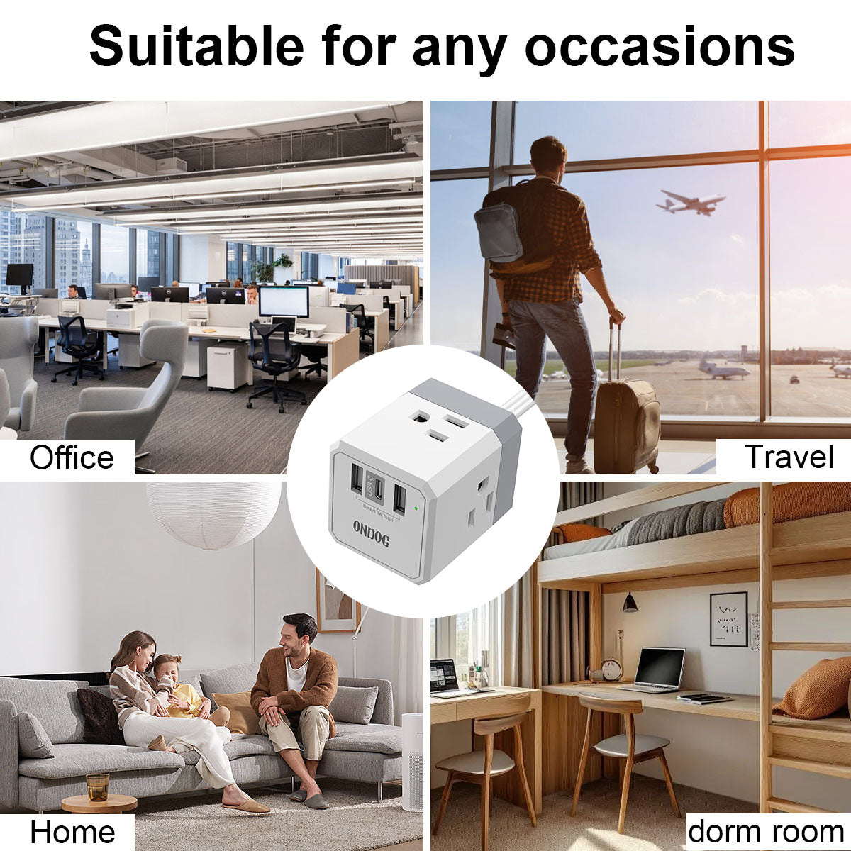 ONDOG 3-Side Outlet Adapter - 3 USB (1 USB C) Outlets for Wall Charger, 5FT Outlet Extender for Home, Office and Cruise Ship Essentials, ETL
