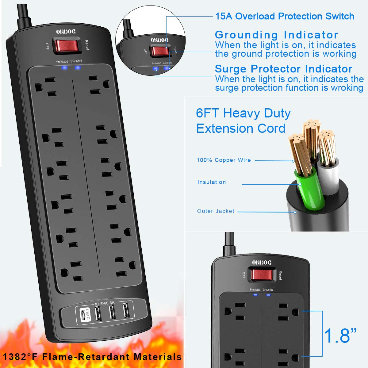 Power Strip, ONDOG Surge Protector with 12 Outlets and 4 USB Ports, 6 Feet Extension Cord (1875W/15A), 2700 Joules, ETL Listed, Black