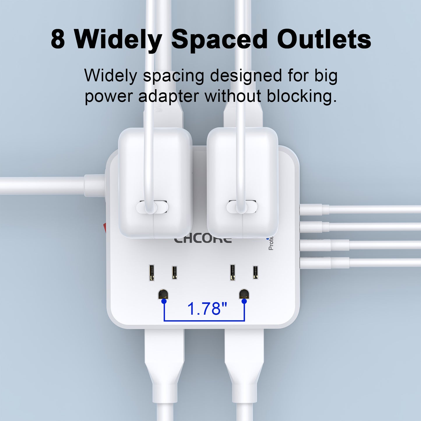 10Ft Surge Protector Power Strip - 8 AC Outlets & 4 USB Ports (2 USB C), 3-Sided Flat Plug Power Strip, ETL Certified, White