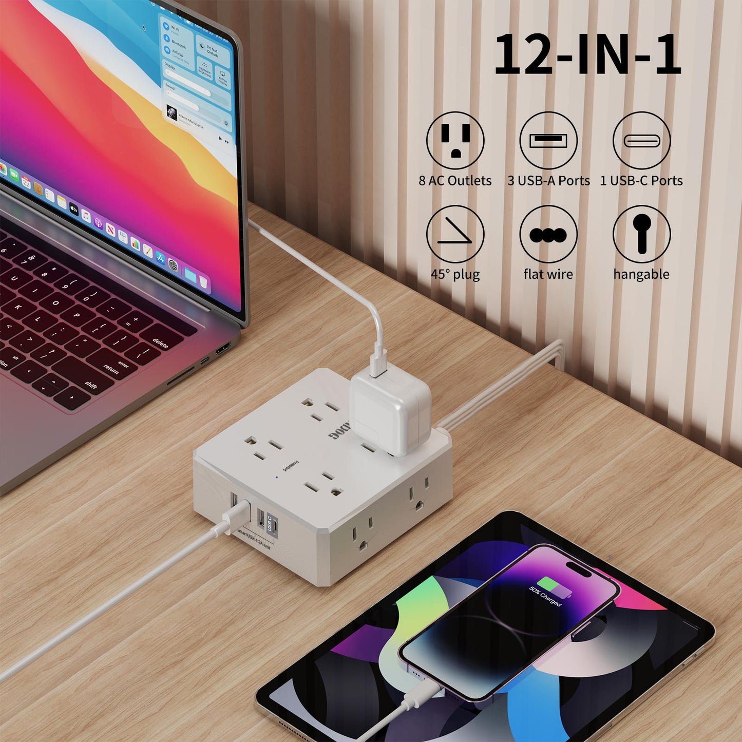6ft Flat Surge Protector Power Strip - 8 Outlets and 4 USB Ports (1 USB C), Flat Plug Power Strip for Home Office, ETL, White